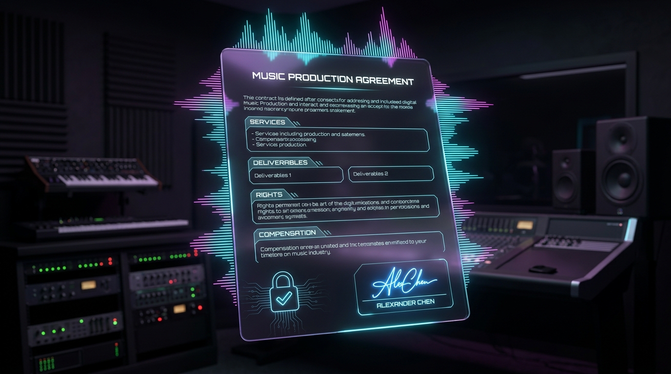 Vista previa holográfica de contrato digital musical con firma electrónica y ondas de sonido