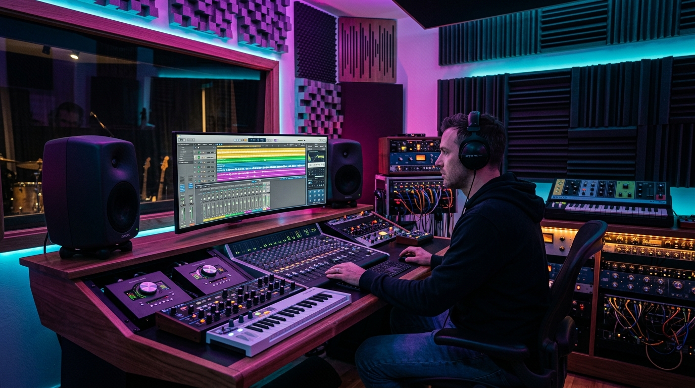 Estudio de producción musical profesional con monitores y sintetizadores